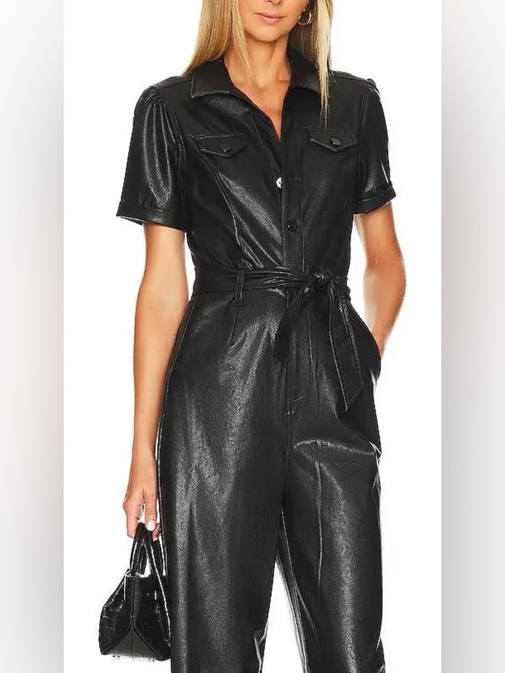 PAIGE x Revolve Black Faux Leather Short Sleeve Jumpsuit Size XS